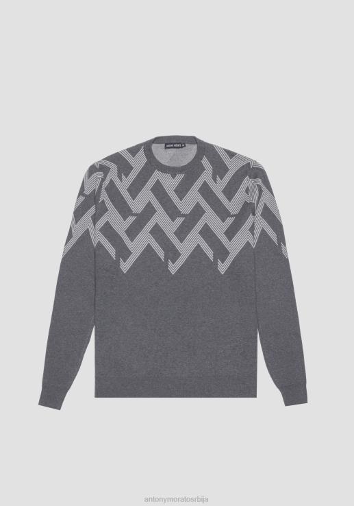 Antony Morato мушкарци Дуксер нормалног кроја од памучног предива са геометријским жакард узорком средње сиви меланж одећу D6D0661