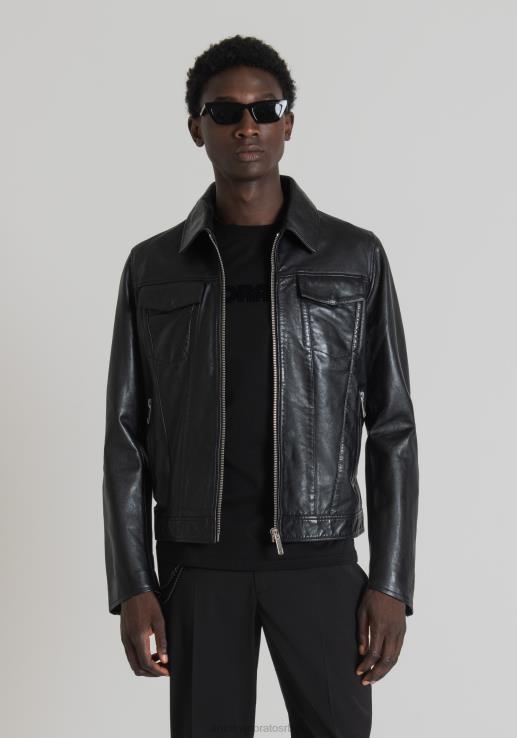 Antony Morato мушкарци слим јакна од праве коже са крагном кошуље црн одећу D6D061