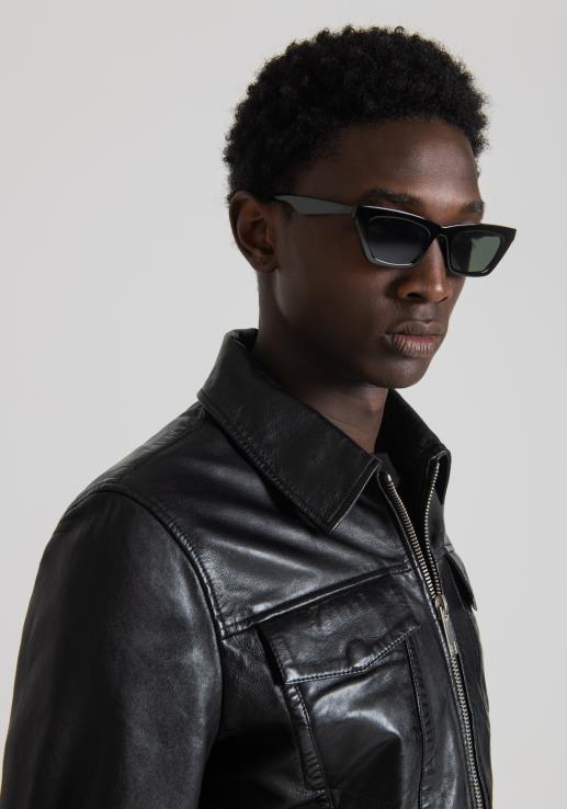 Antony Morato мушкарци слим јакна од праве коже са крагном кошуље црн одећу D6D061