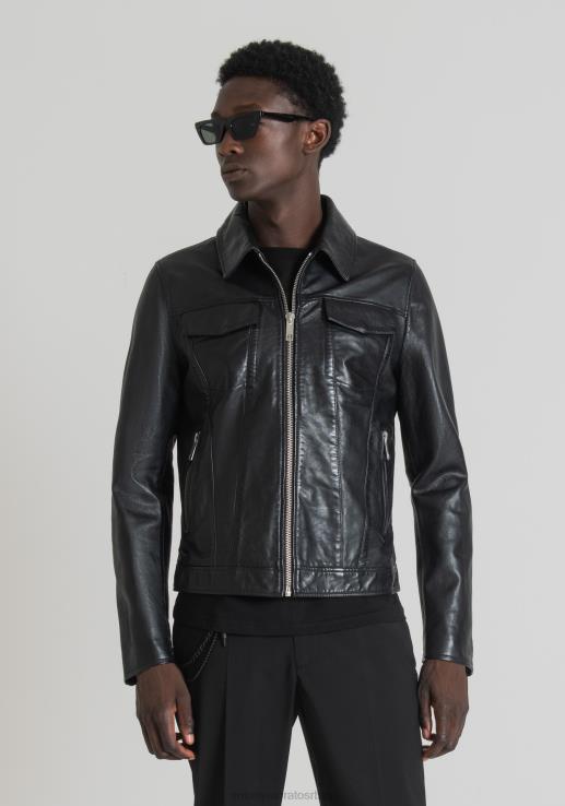 Antony Morato мушкарци слим јакна од праве коже са крагном кошуље црн одећу D6D061