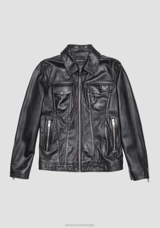 Antony Morato мушкарци слим јакна од праве коже са крагном кошуље црн одећу D6D061
