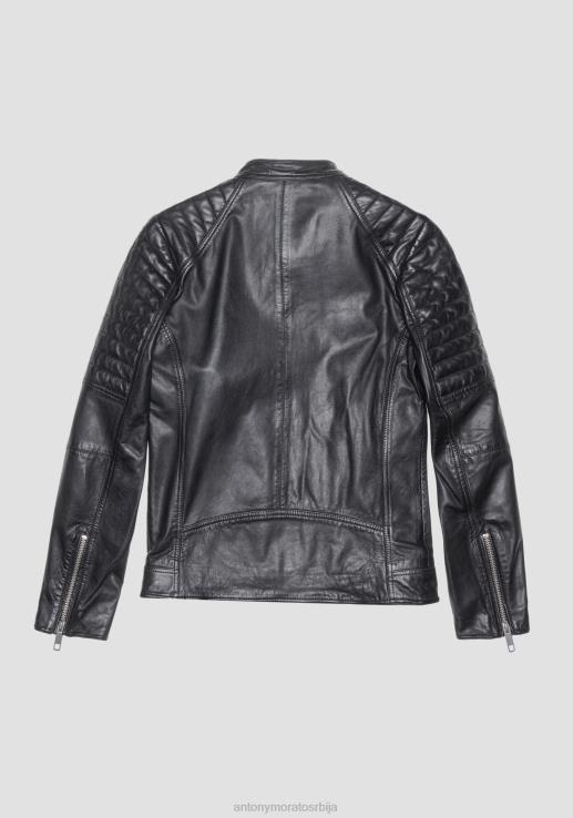 Antony Morato мушкарци слим фит бајкерска јакна од праве коже са корејском крагном црн одећу D6D063