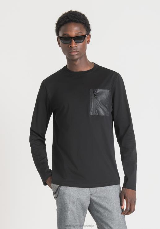 Antony Morato мушкарци обична мајица дугих рукава од 100% памука са џепом од вештачке коже са патентним затварачем црн одећу D6D06211