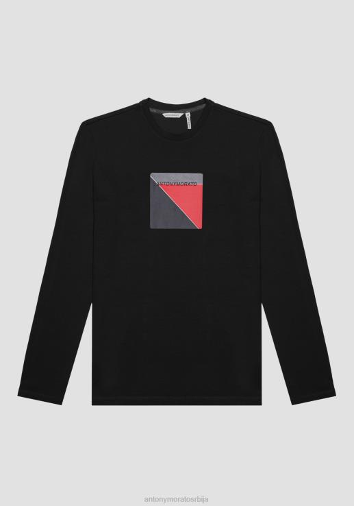 Antony Morato мушкарци супер слим мајица дугих рукава од растезљивог памука са гумираним логом црн одећу D6D06177