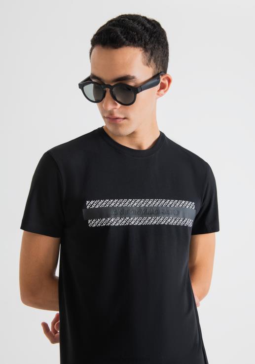 Antony Morato мушкарци супер слим-фит мајица од стреч памука са рељефним логом црн одећу D6D06192