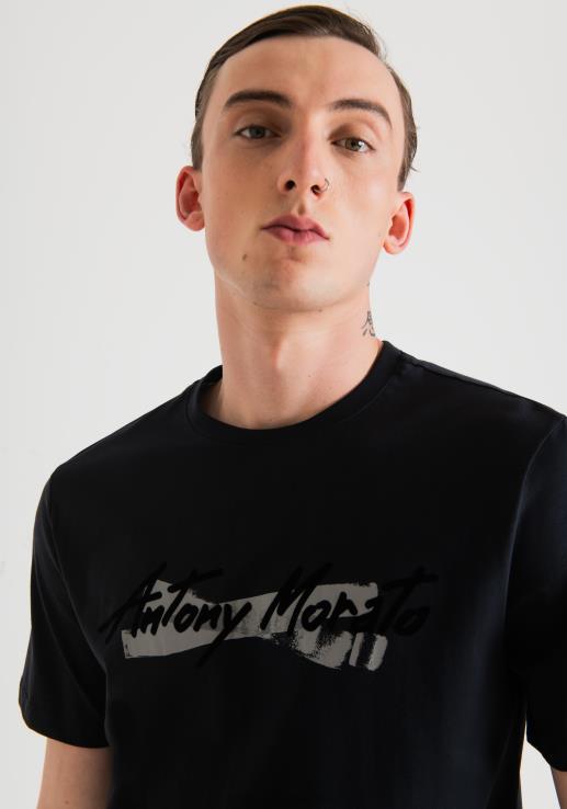 Antony Morato мушкарци мајица стандардног кроја од чистог памука са гумираним логом плаво мастило одећу D6D06204