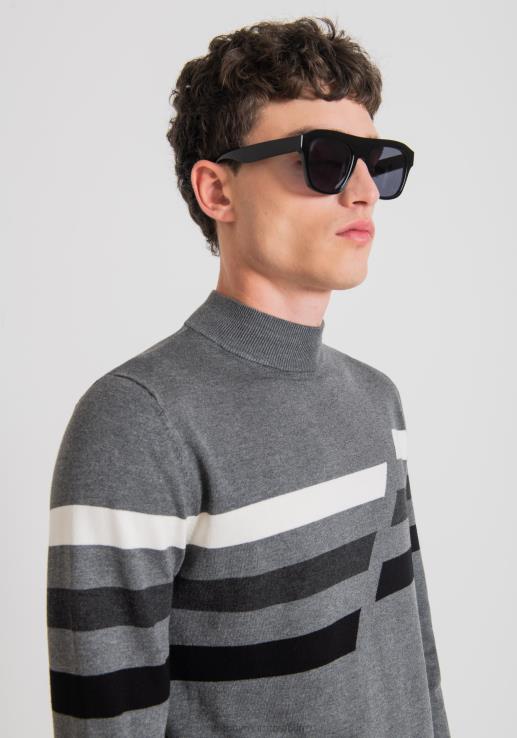 Antony Morato мушкарци слим фит лажни поло врат од растегљивог обријаног вискозног предива са контрастним жакард пругама средње мел.сива одећу D6D0676