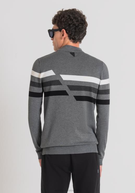 Antony Morato мушкарци слим фит лажни поло врат од растегљивог обријаног вискозног предива са контрастним жакард пругама средње мел.сива одећу D6D0676