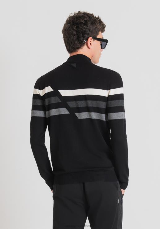 Antony Morato мушкарци слим фит лажни поло врат од растегљивог обријаног вискозног предива са контрастним жакард пругама црн одећу D6D0690