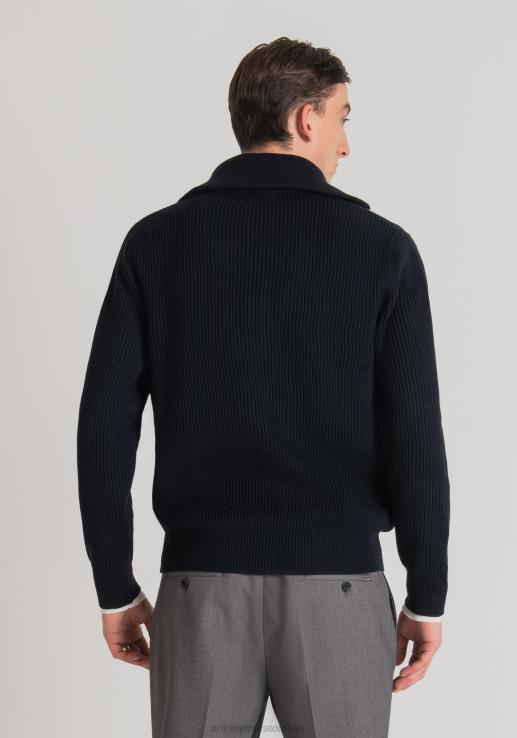 Antony Morato мушкарци Дуксерица нормалног кроја са патентним затварачем од мешавине вуне са енглеским ребром плаво мастило одећу D6D0692