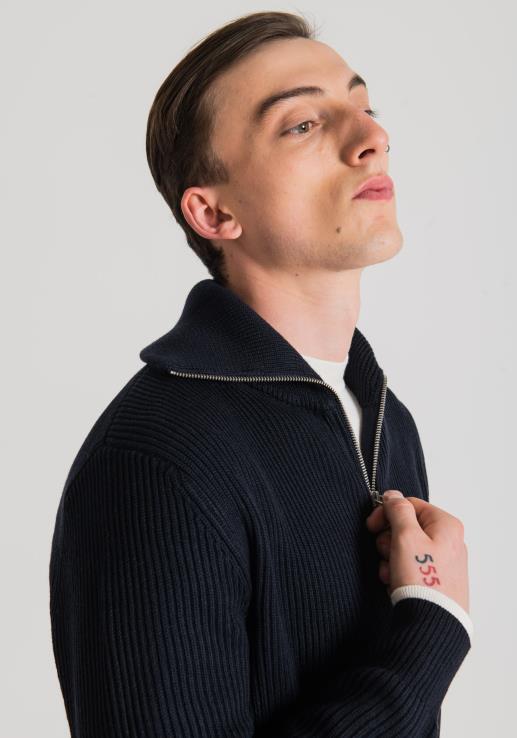 Antony Morato мушкарци Дуксерица нормалног кроја са патентним затварачем од мешавине вуне са енглеским ребром плаво мастило одећу D6D0692